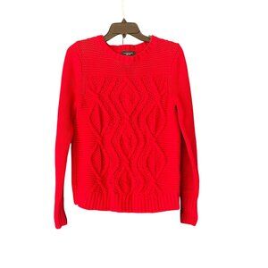 Lands End Drifter Red Cable Knit Sweater S 6-8 100% Cotton Womens Pullover Warm